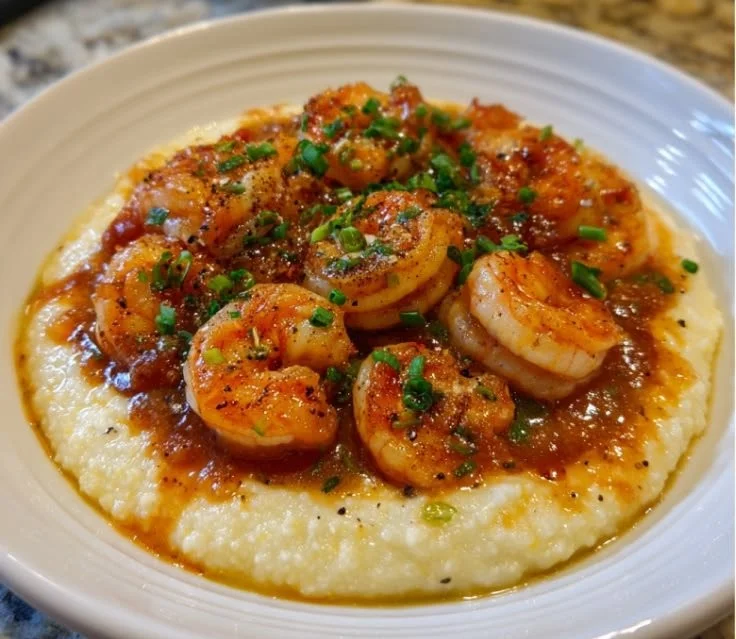 Delicious smoky chipotle shrimp served over creamy grits, a flavorful dish.