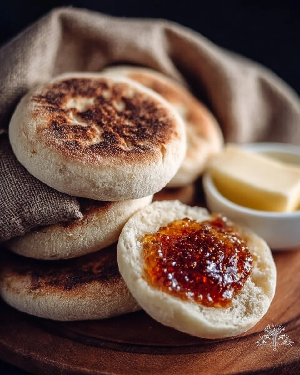 Freshly baked sourdough English muffins on a wooden surface.